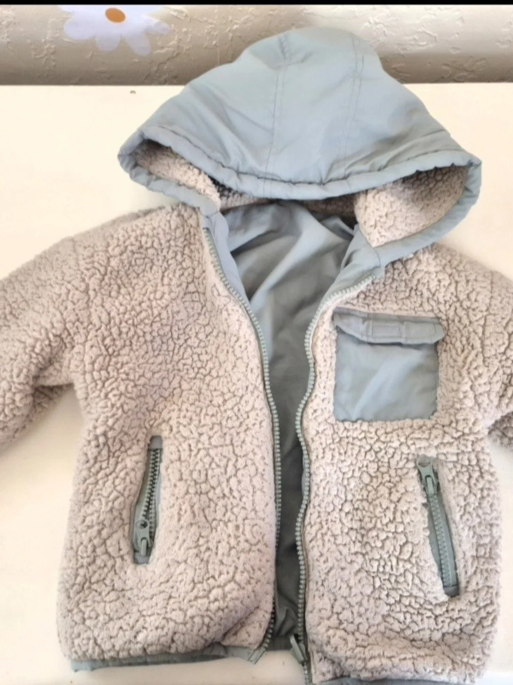 Kids Hooded Winter Jacket, Reversable, in Light Blue/Green And Sherpa
